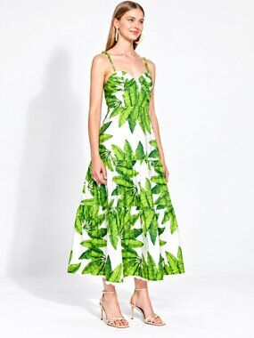 FARM Rio Green Tropical Palm Leaf Cotton Midi Dress L Beaded Straps
